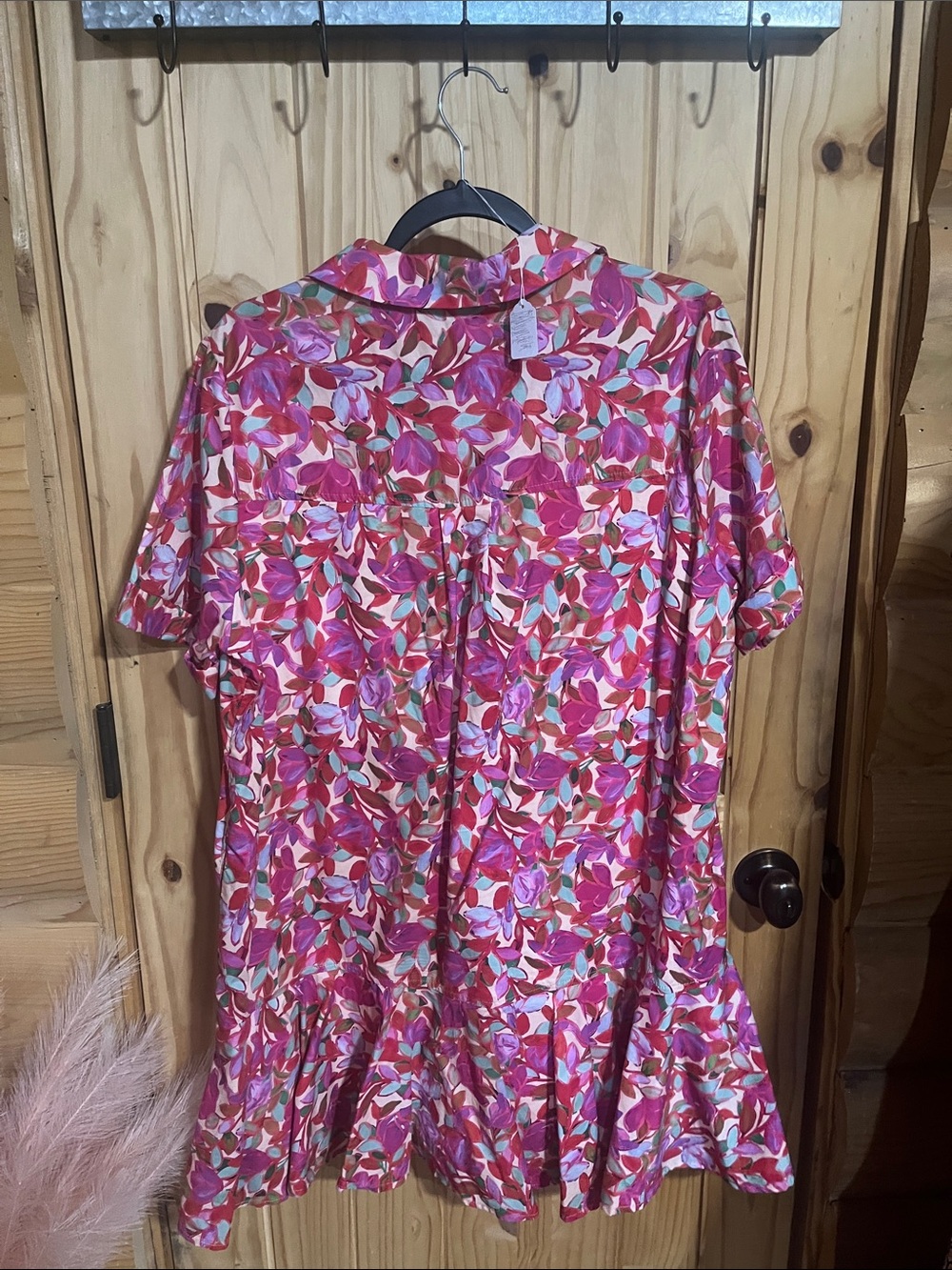 entro Pink Multi Floral Shirt-Collar Ruffle-Hem Mini Dress - Picture 5 of 5
